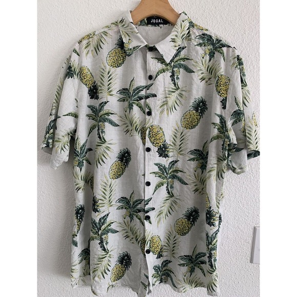 Jogal Men's‎ Size L Pineapple Pattern Button Down Hawaiian Short Sleeve Shirt - Picture 1 of 6